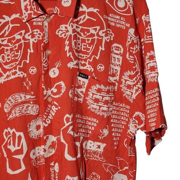 Obey Worldwide Button Up Shirt Men's L Red Viscose AOP Abracadabra Monster - Picture 2 of 8